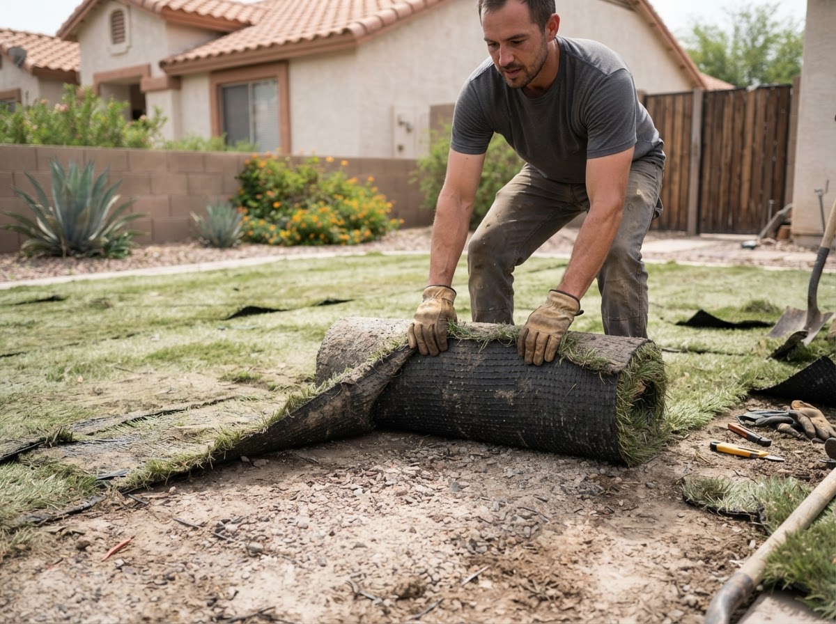 Old worn synthetic turf being lifted and rolled up for replacement at a residential property