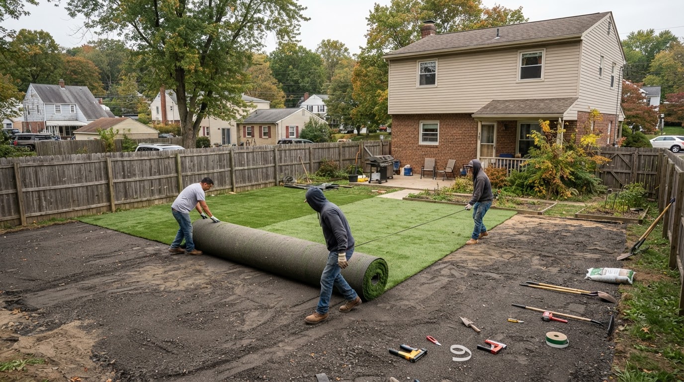 Artificial grass installation at a residential property in Hanover Pennsylvania