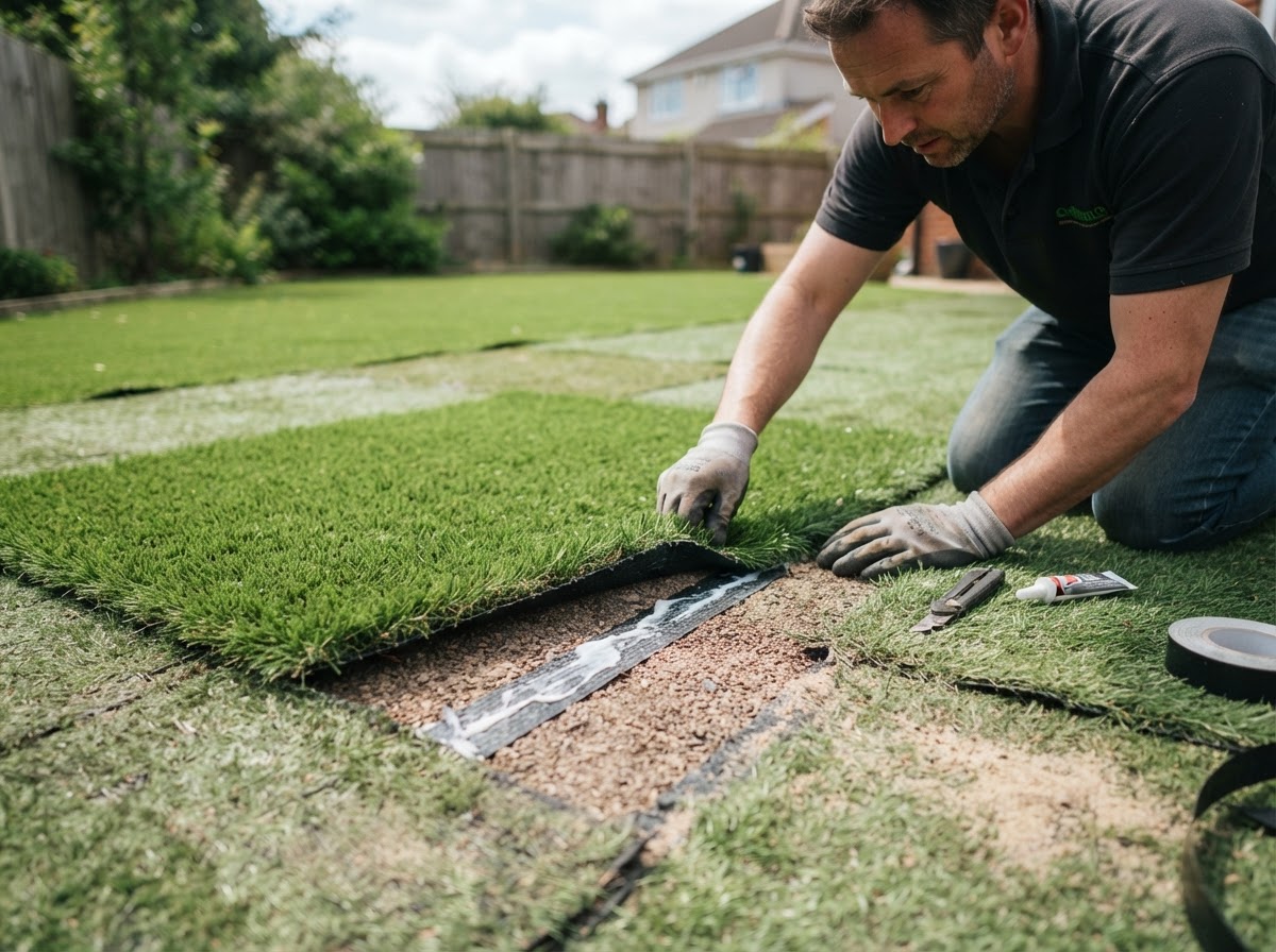 Localized artificial turf repair section being installed with new patch of synthetic grass fitted and seamed into existing surface