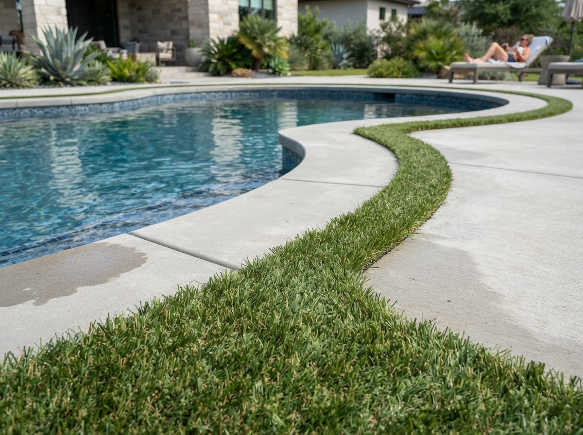 Artificial turf fitted around a curved residential pool deck edge with clean perimeter detail and transition to concrete