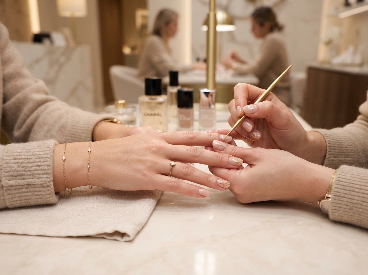 Subtle gold line art over milky nude glaze ✨ Who is booking their weekend reset with us? #NailCrewLounge #StPetersMO
