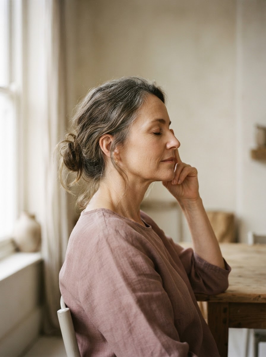 A woman in quiet contemplation, listening inward
