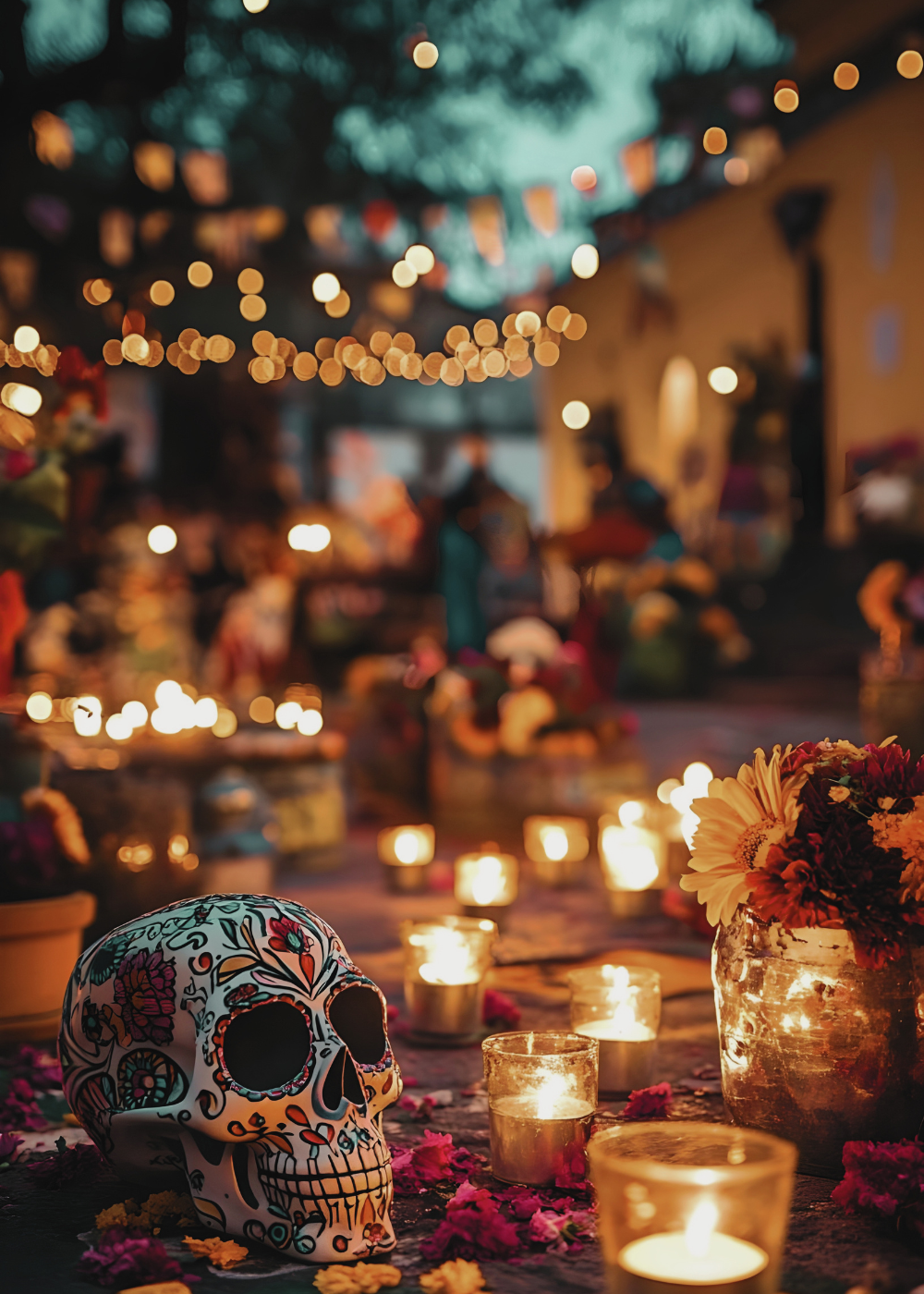 A decorated sugar skull surrounded by warm glowing candles and marigolds for Day of the Dead remembrance