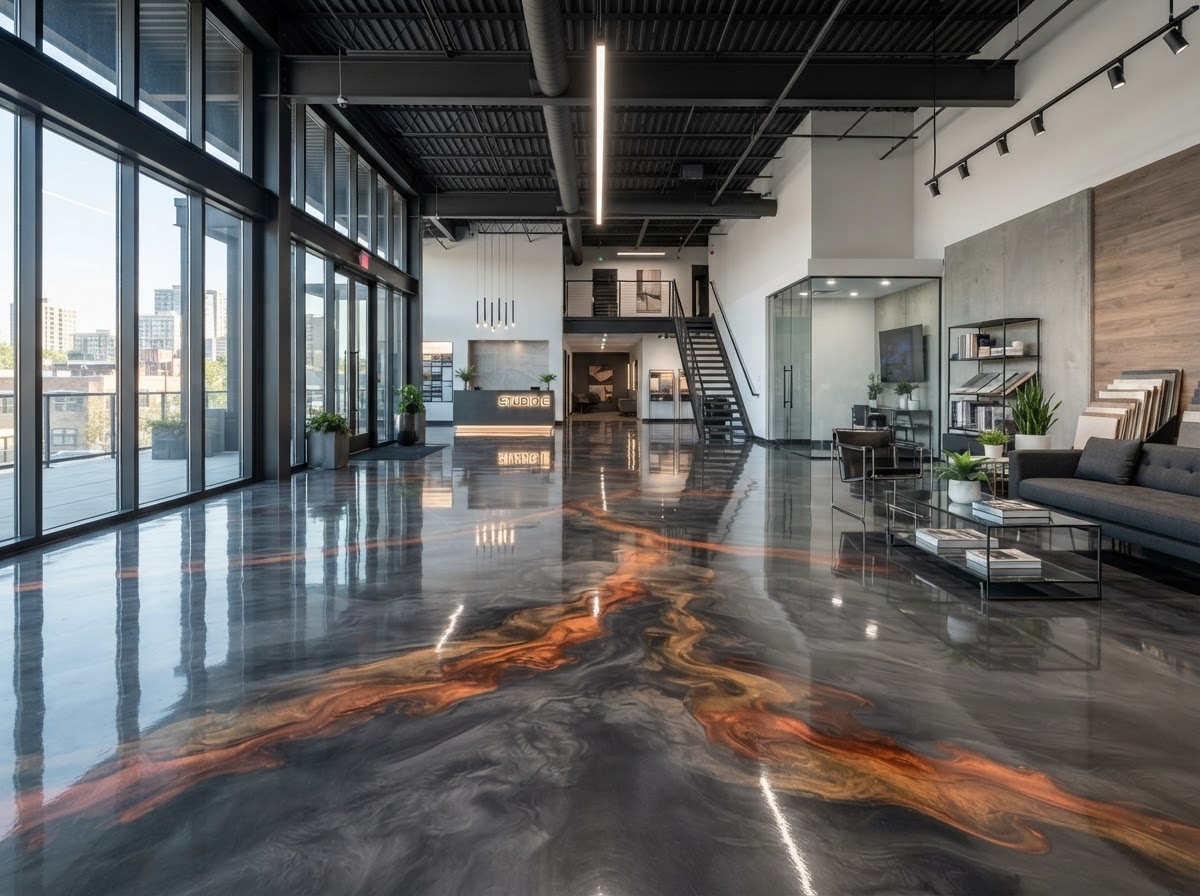 Commercial epoxy flooring installation with charcoal and ember metallic accents