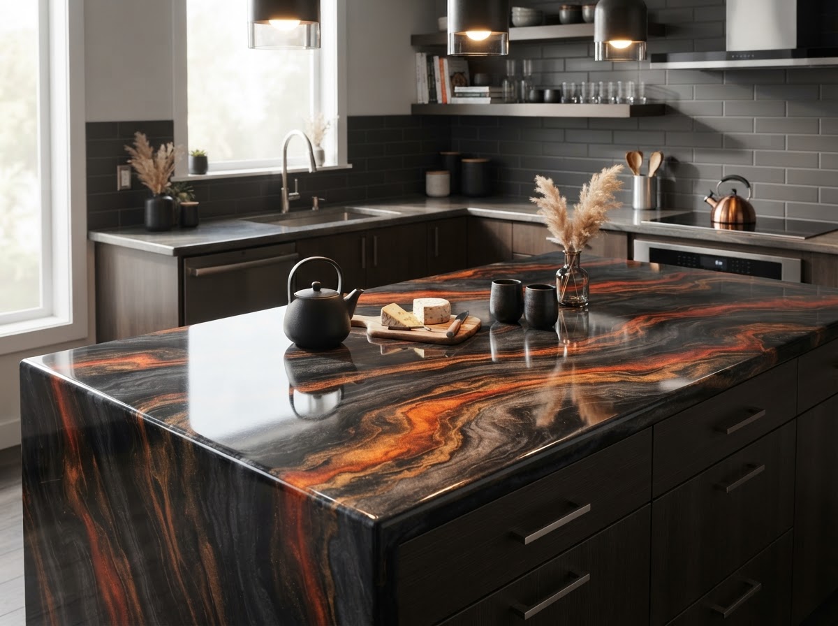 Custom epoxy countertop with charcoal and ember metallic veins by Storm Epoxy LLC