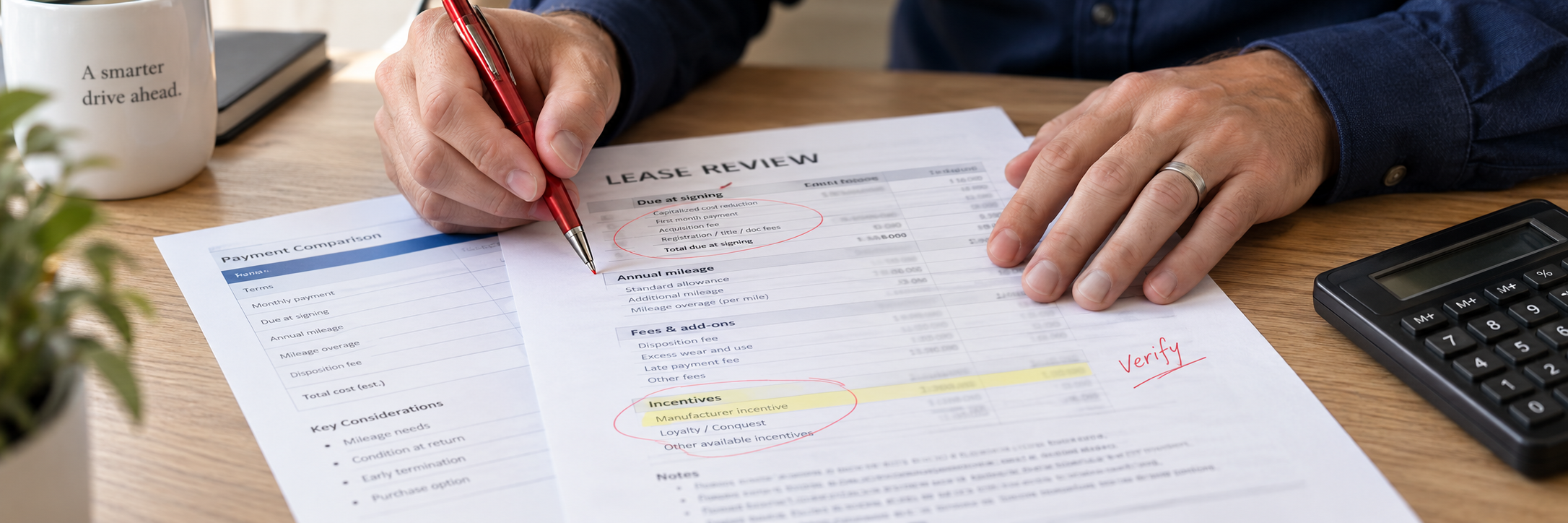 Illustrative review of a lease worksheet with highlighted costs and incentives.