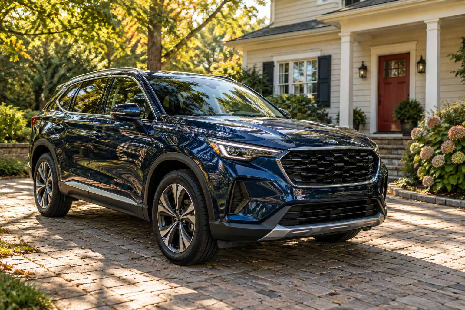 New car parked in a residential driveway, illustrating convenient home delivery