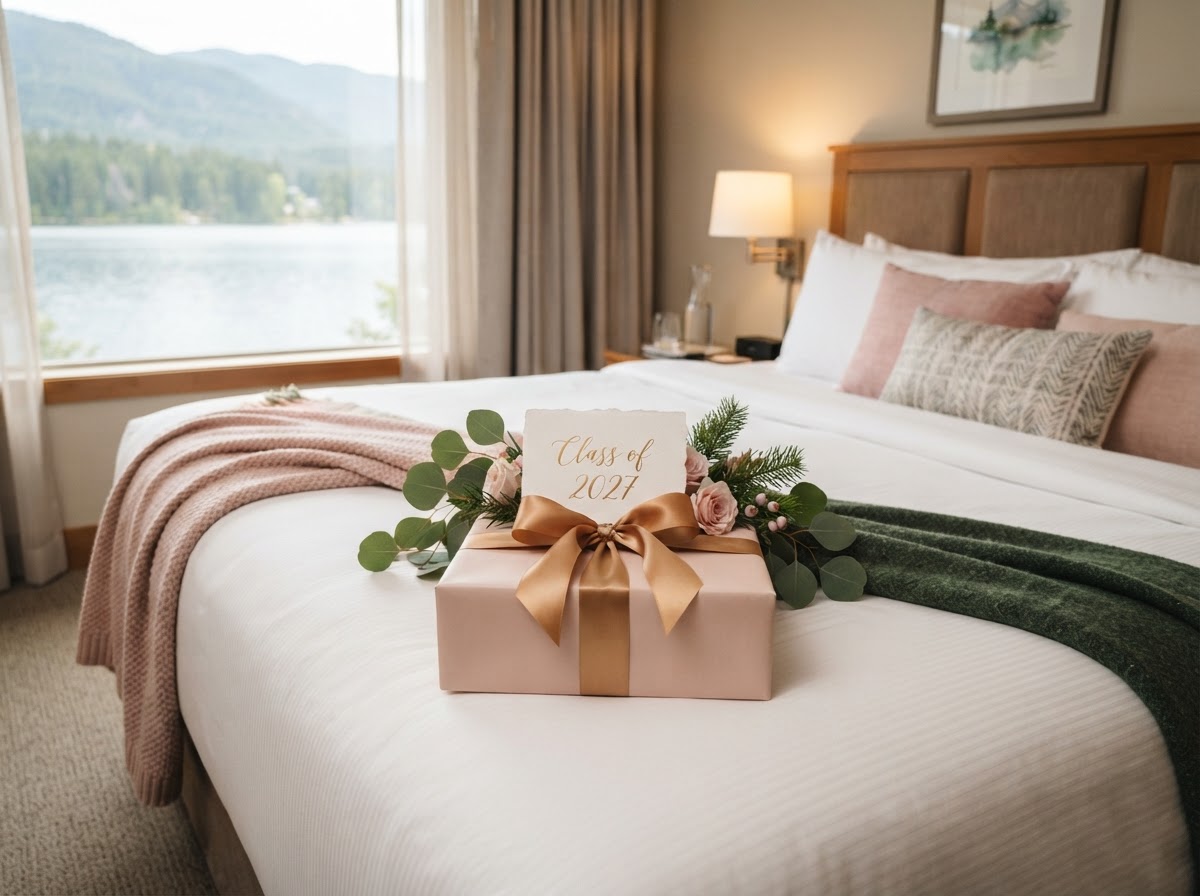 A Class of 2027 welcome gift wrapped in blush pink with a gold ribbon, resting on a resort bed