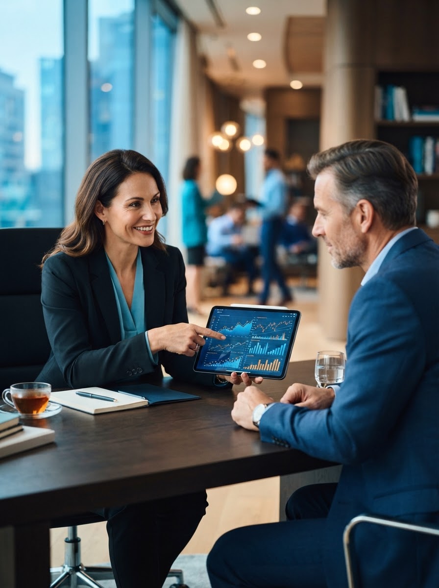 Business advisor reviewing financial charts with a client
