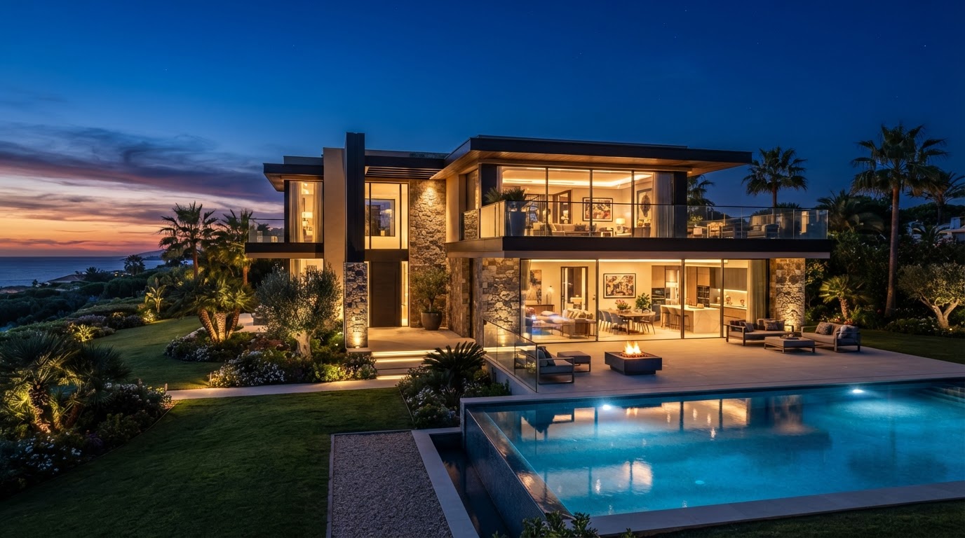 Moderne Premium-Villa zur Dämmerung mit beleuchteten Glasfronten