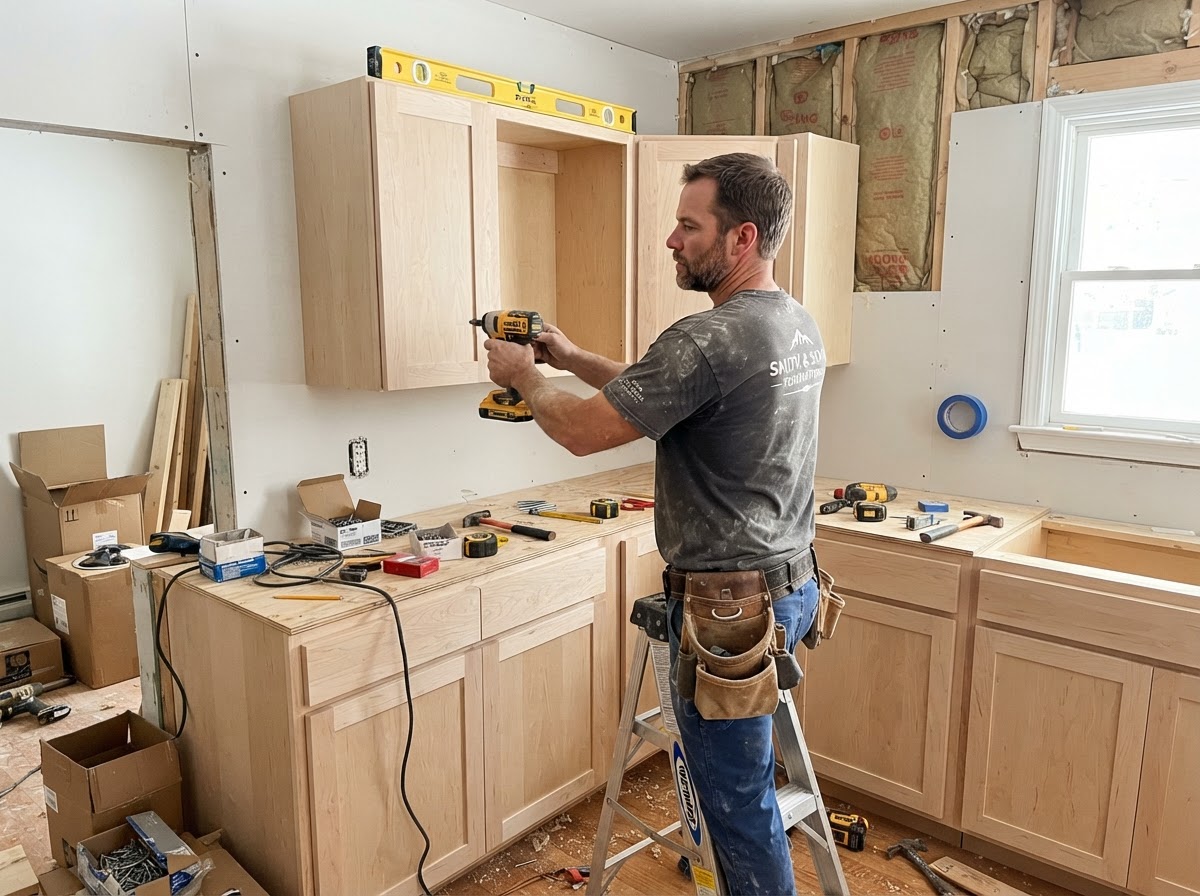 Custom cabinetry being leveled and installed