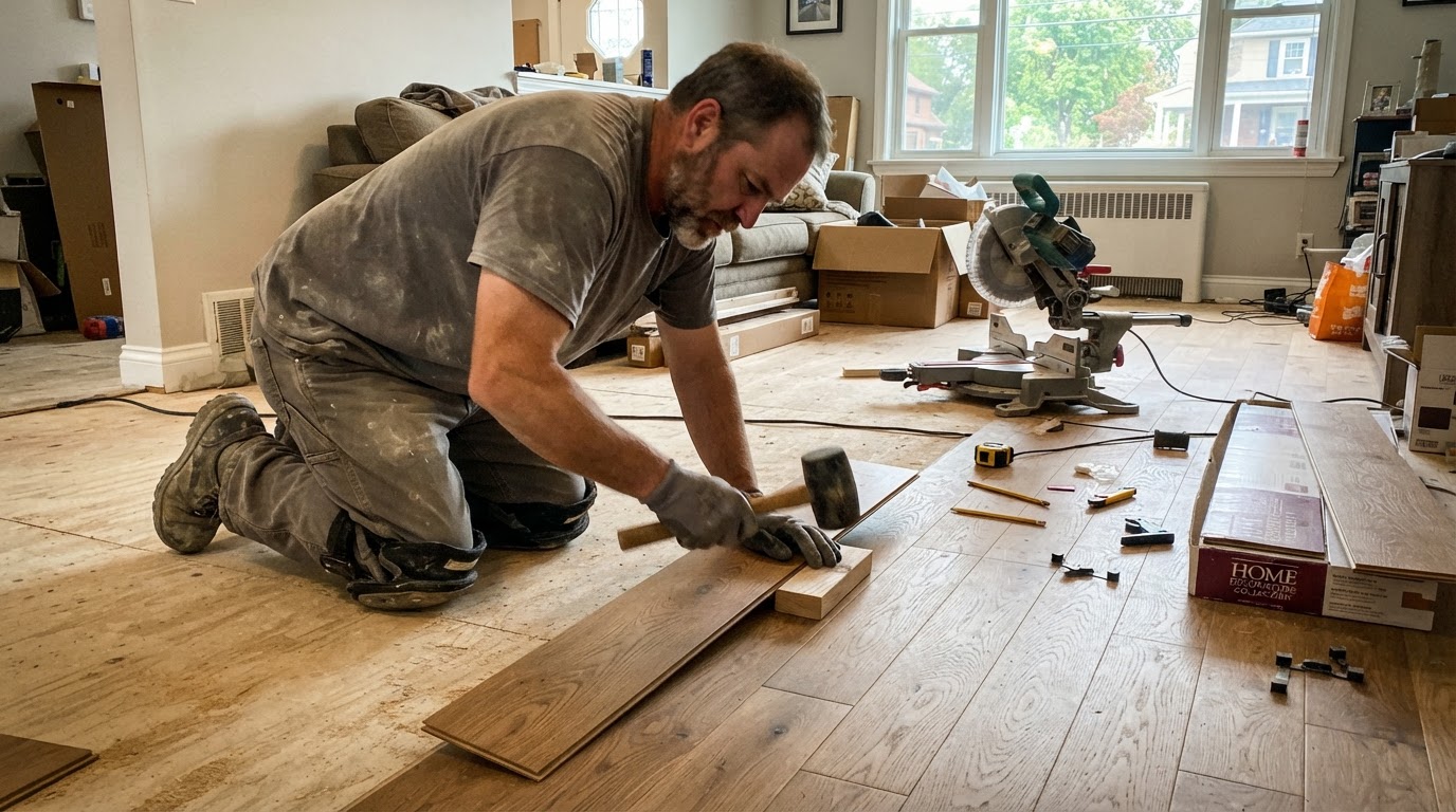 Hardwood plank installation in progress