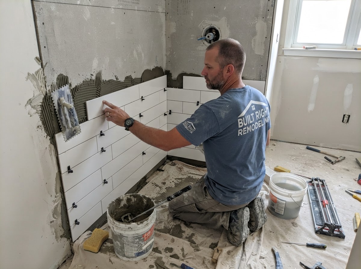 Large-format tile installation on shower wall