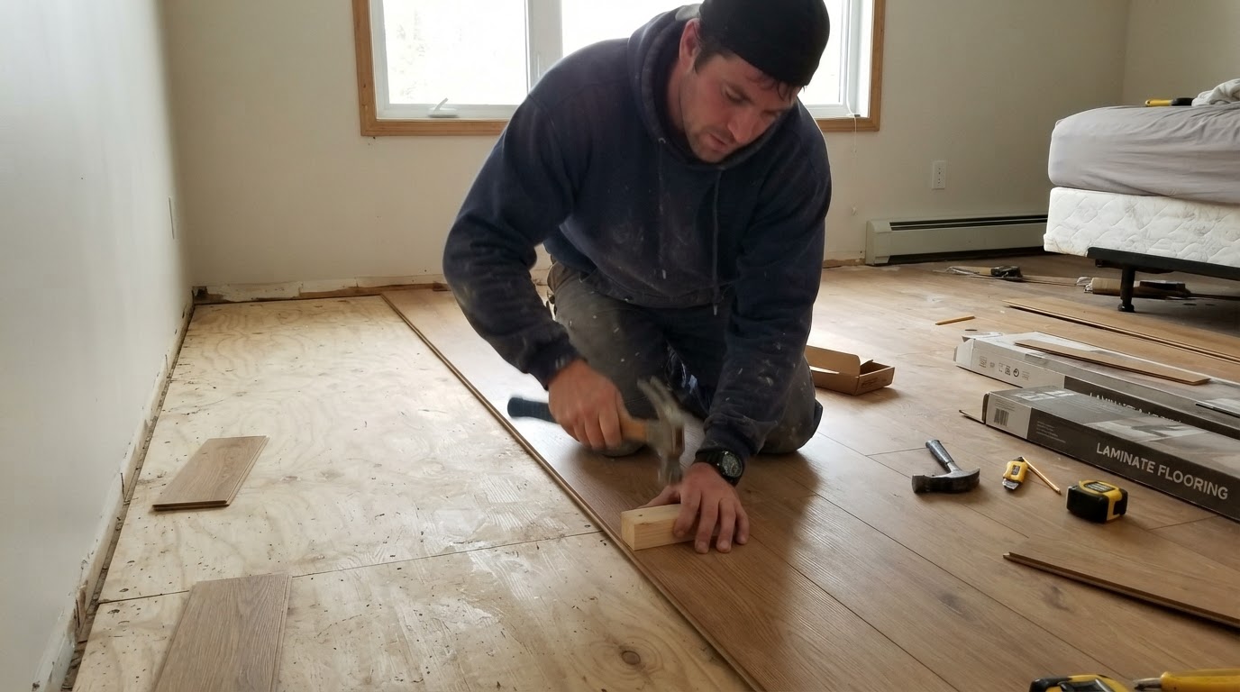 Laminate plank install with tapping block