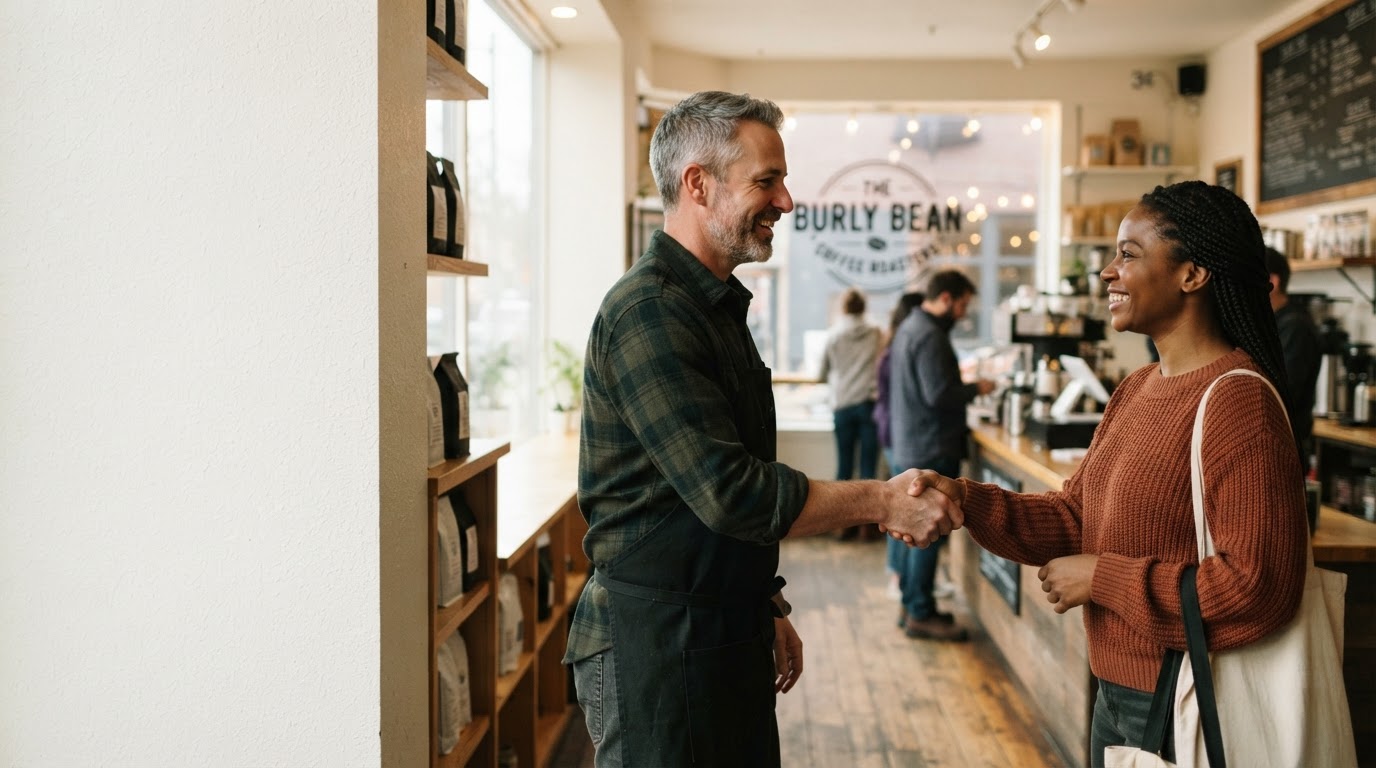 Local business owner and customer shaking hands in a positive connection