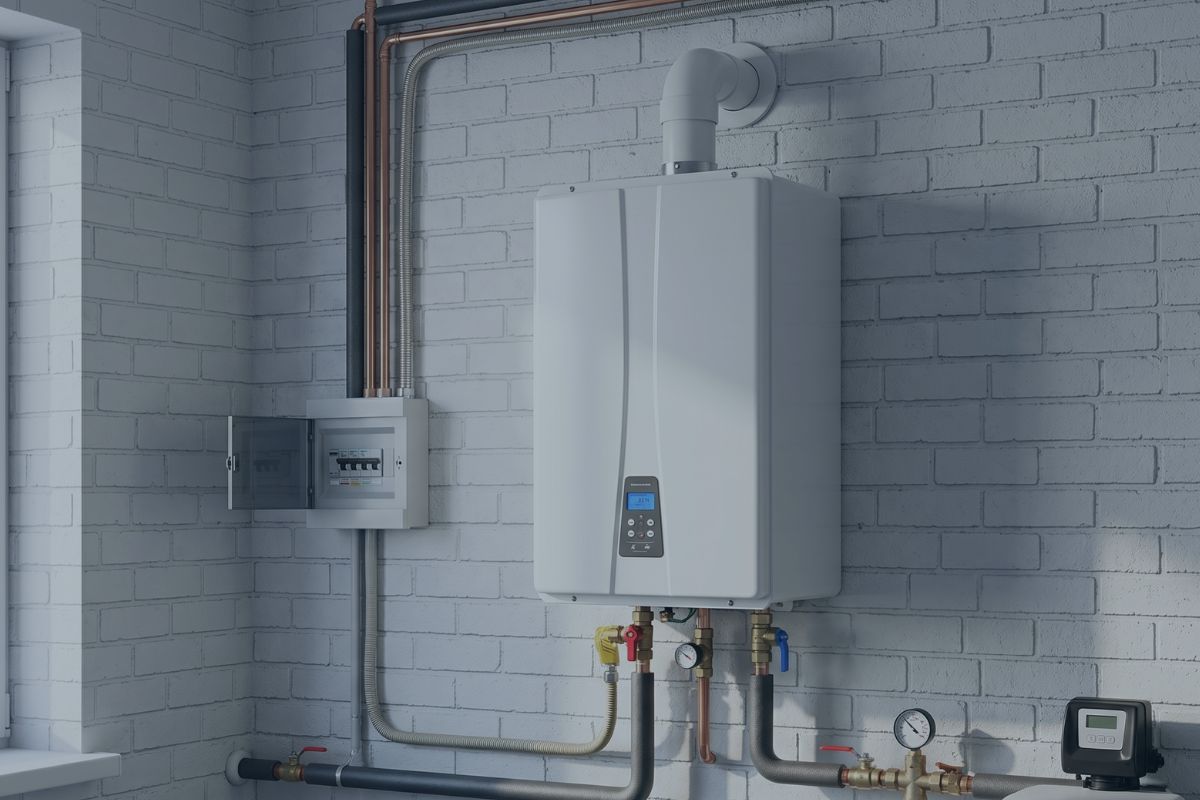 Modern wall-mounted tankless water heater installation on white brick utility wall