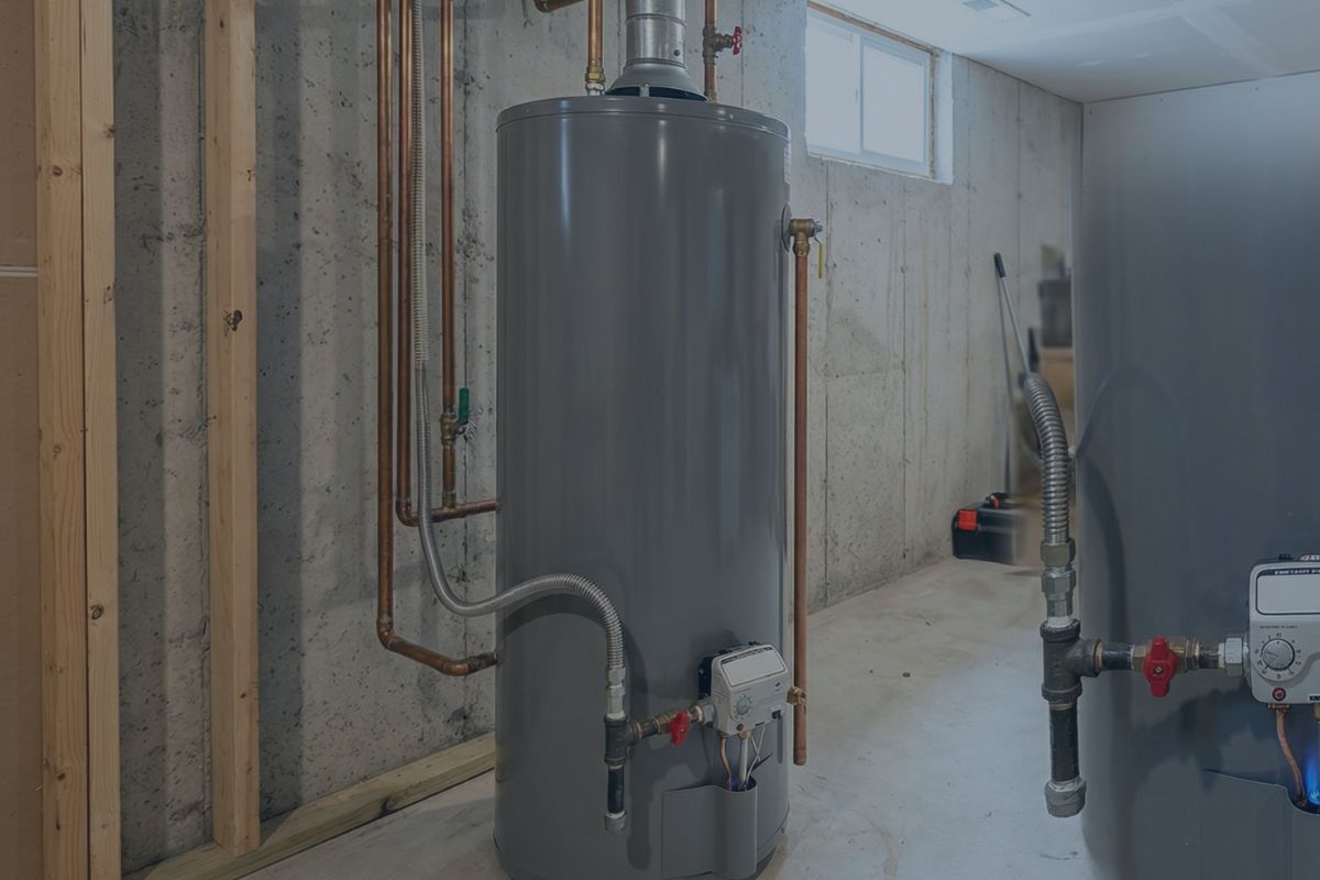 Gas tank water heater installation in basement utility space