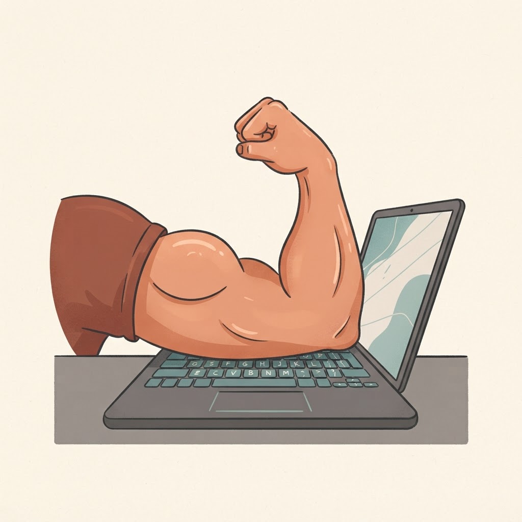 Cartoon illustration of a muscular female arm flexing while resting on a laptop keyboard