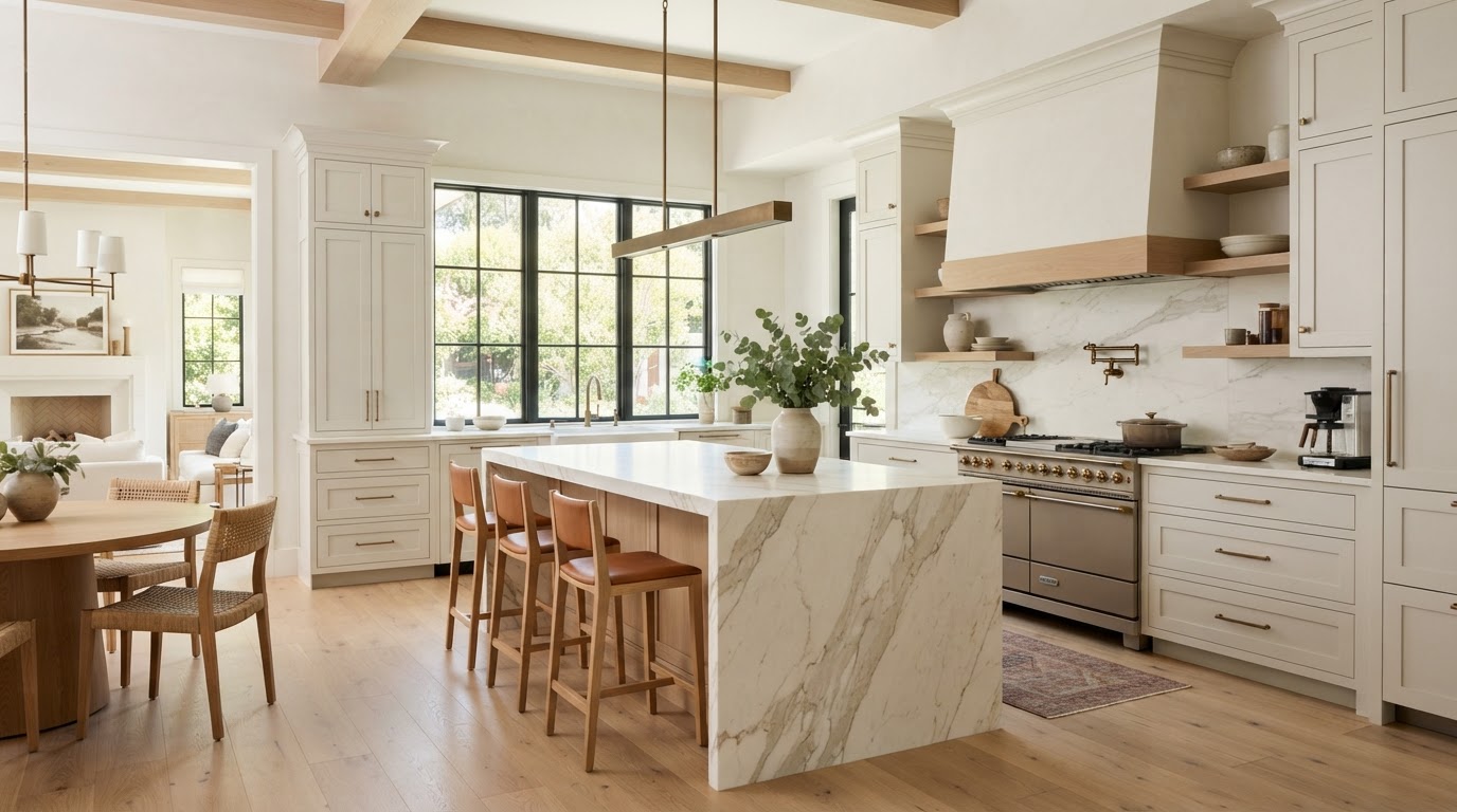 Bright, airy remodeled kitchen with marble island and warm cabinetry