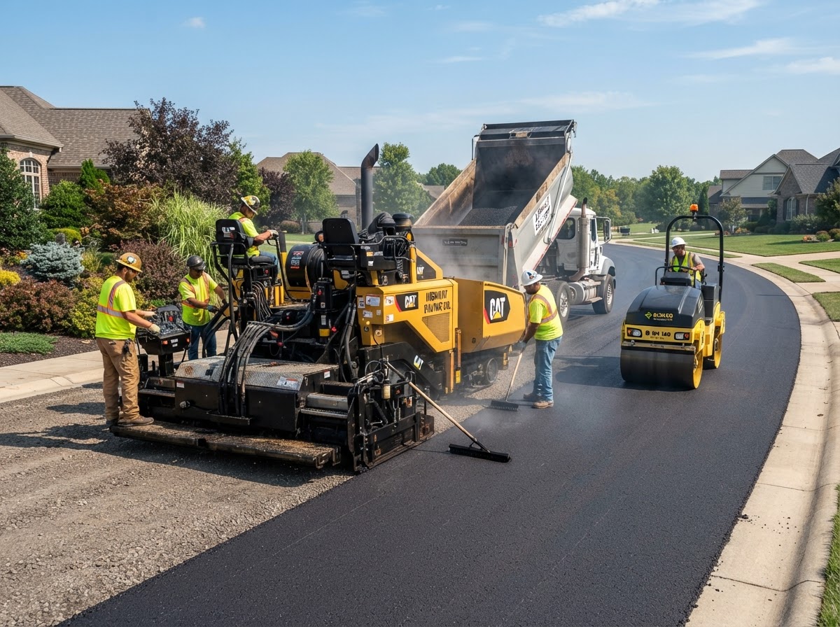 Asphalt paver machine and roller with a 4-man paving crew laying fresh asphalt on a community road