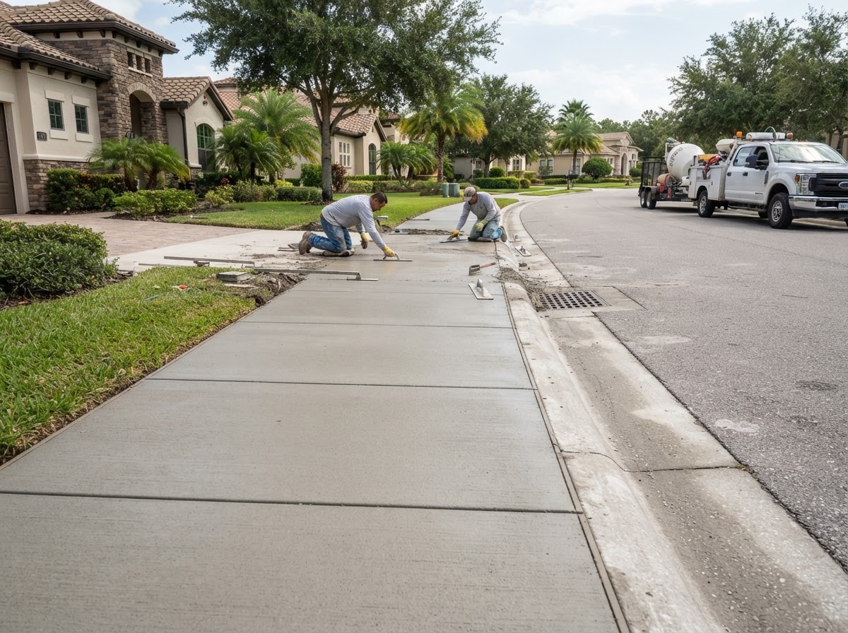 Freshly finished concrete sidewalk with curb and gutter in an upscale HOA community