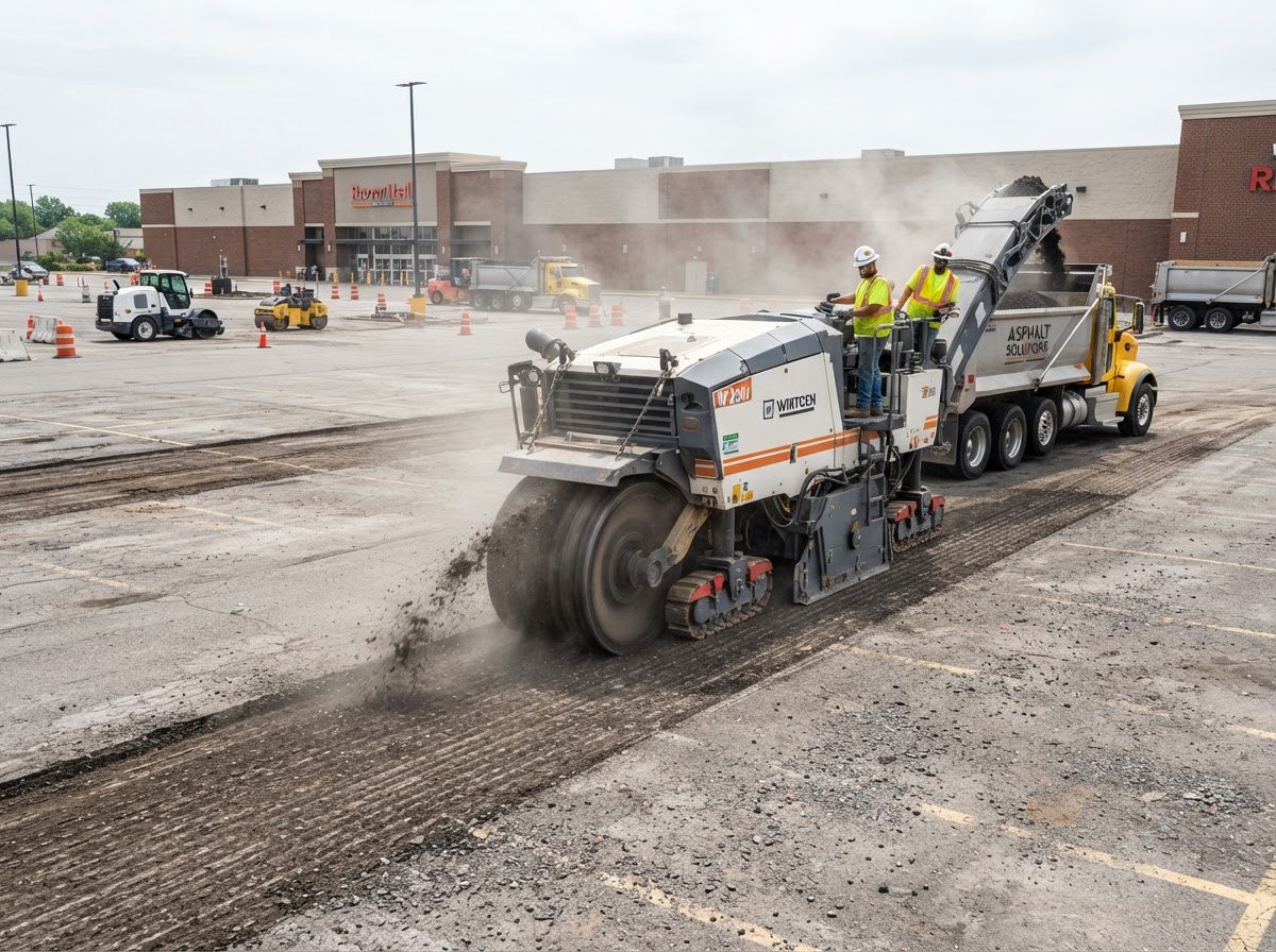 Asphalt milling machine grinding and removing old pavement with operating crew on a parking lot