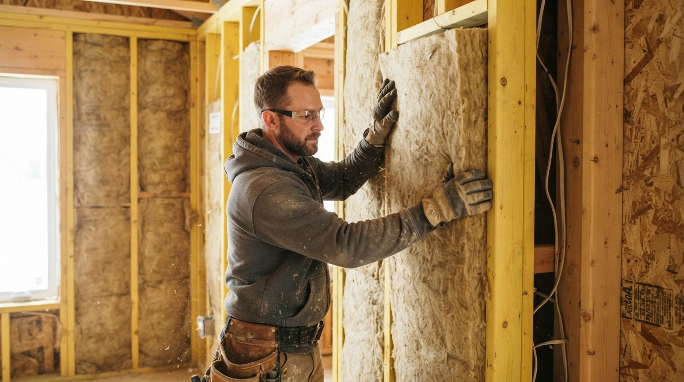 Dense golden-brown mineral wool batt insulation fitted into wall studs