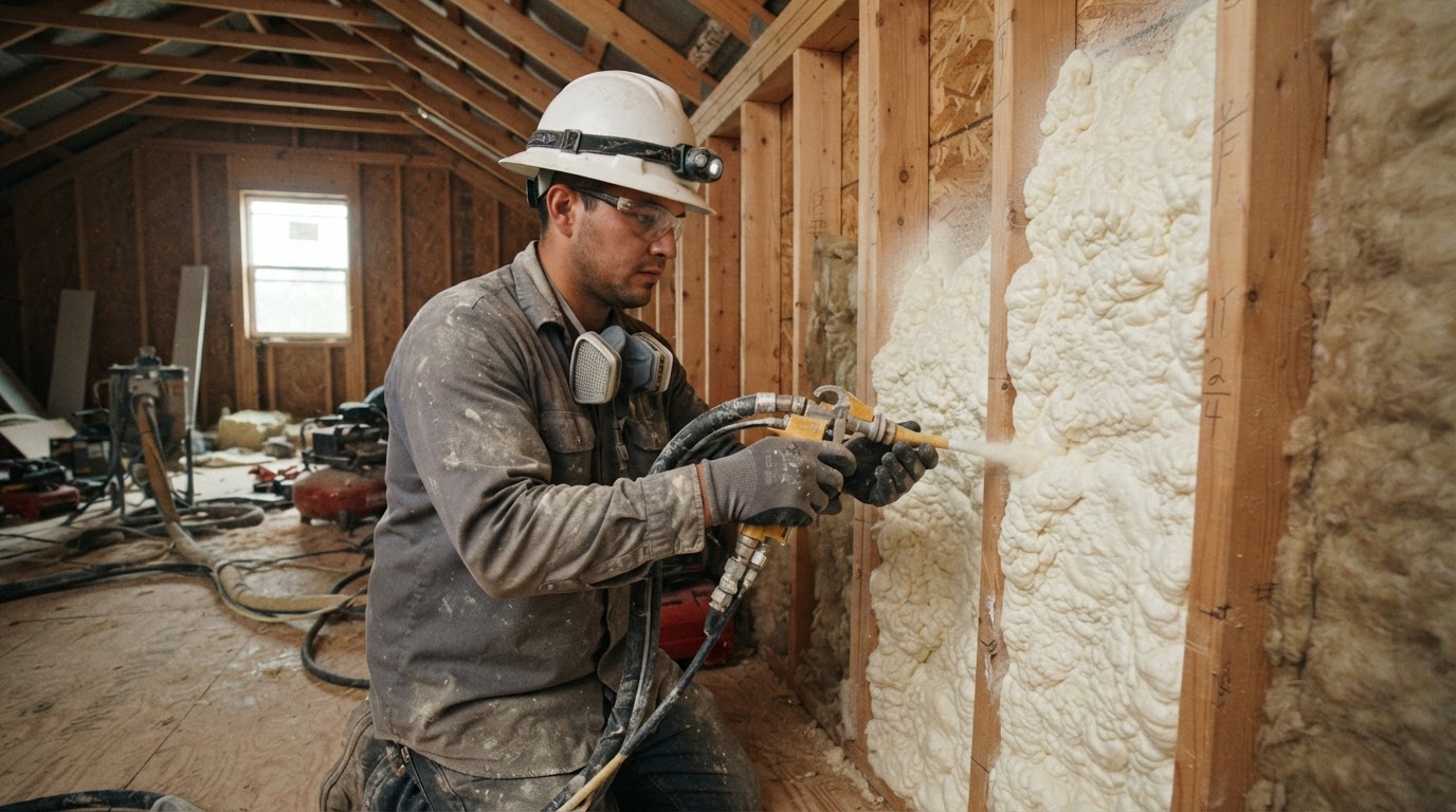 Open-cell spray foam applied to an interior wall cavity in an attic