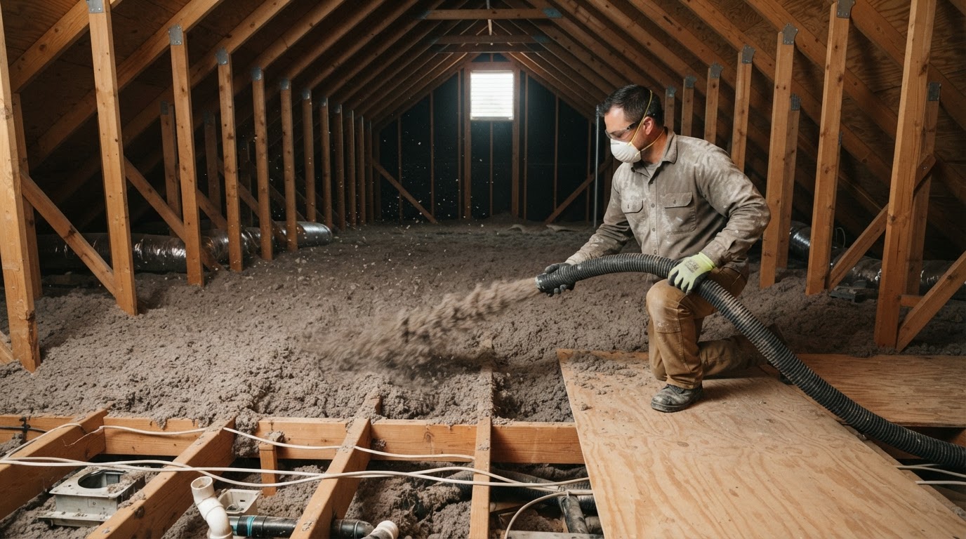 Contractor blowing loose-fill insulation across a residential attic floor