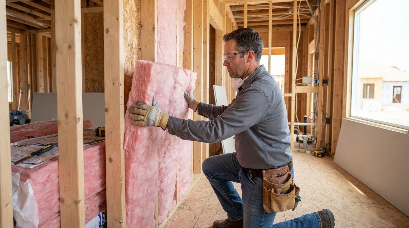 Pink fiberglass batt insulation installed between wood wall studs