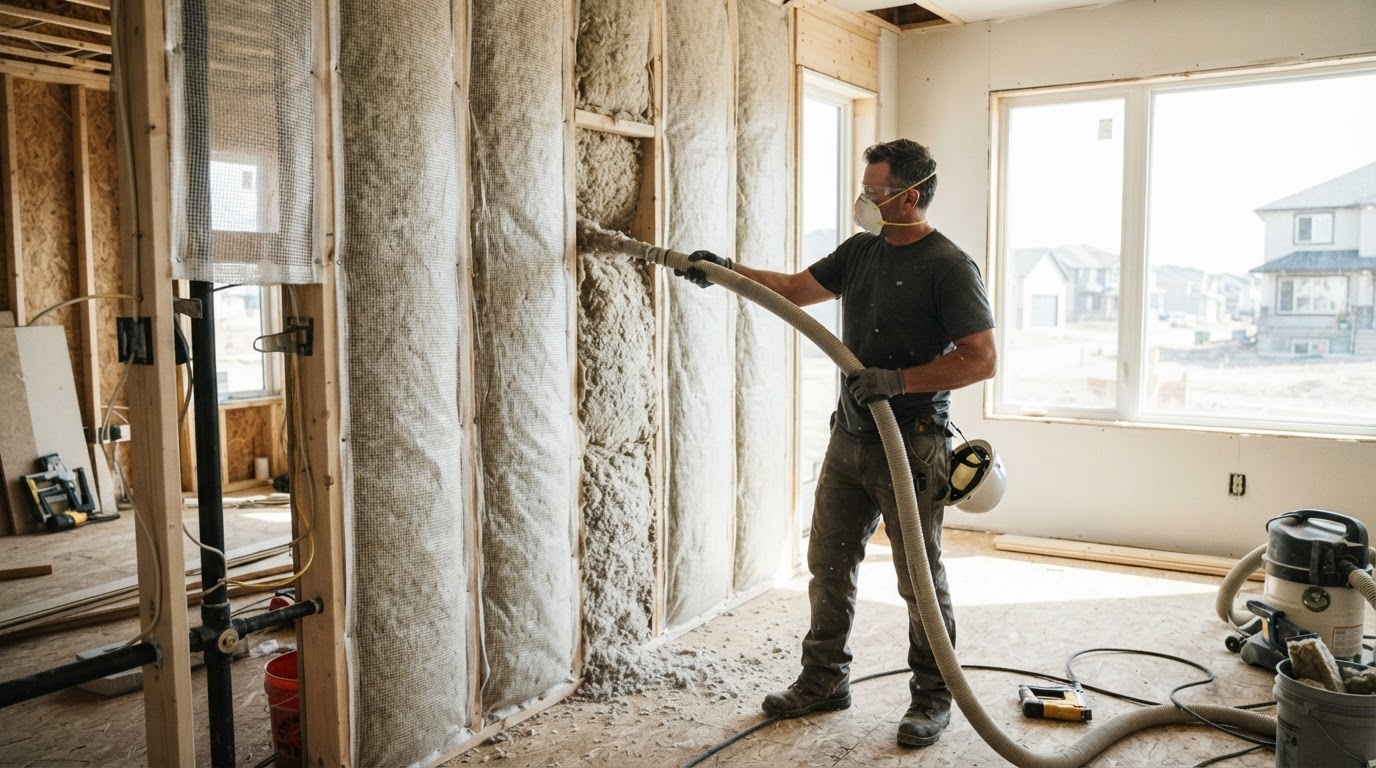 Loose-fill insulation blown behind fabric netting across wall stud cavities (BIBS)