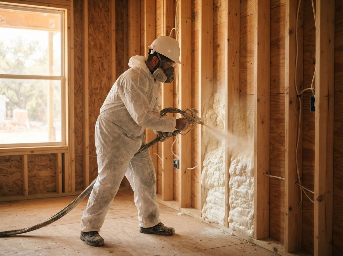 Insulation professional installing insulation in a Houston home