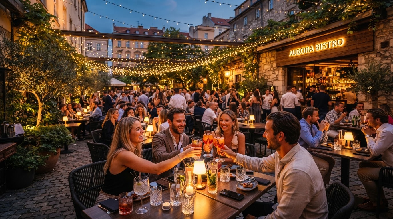 Happy customers arriving at a busy patio