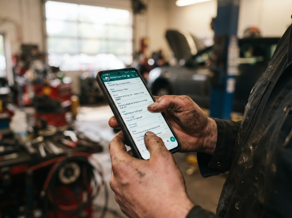 Mensajes de WhatsApp acumulándose sin responder en el móvil de un mecánico