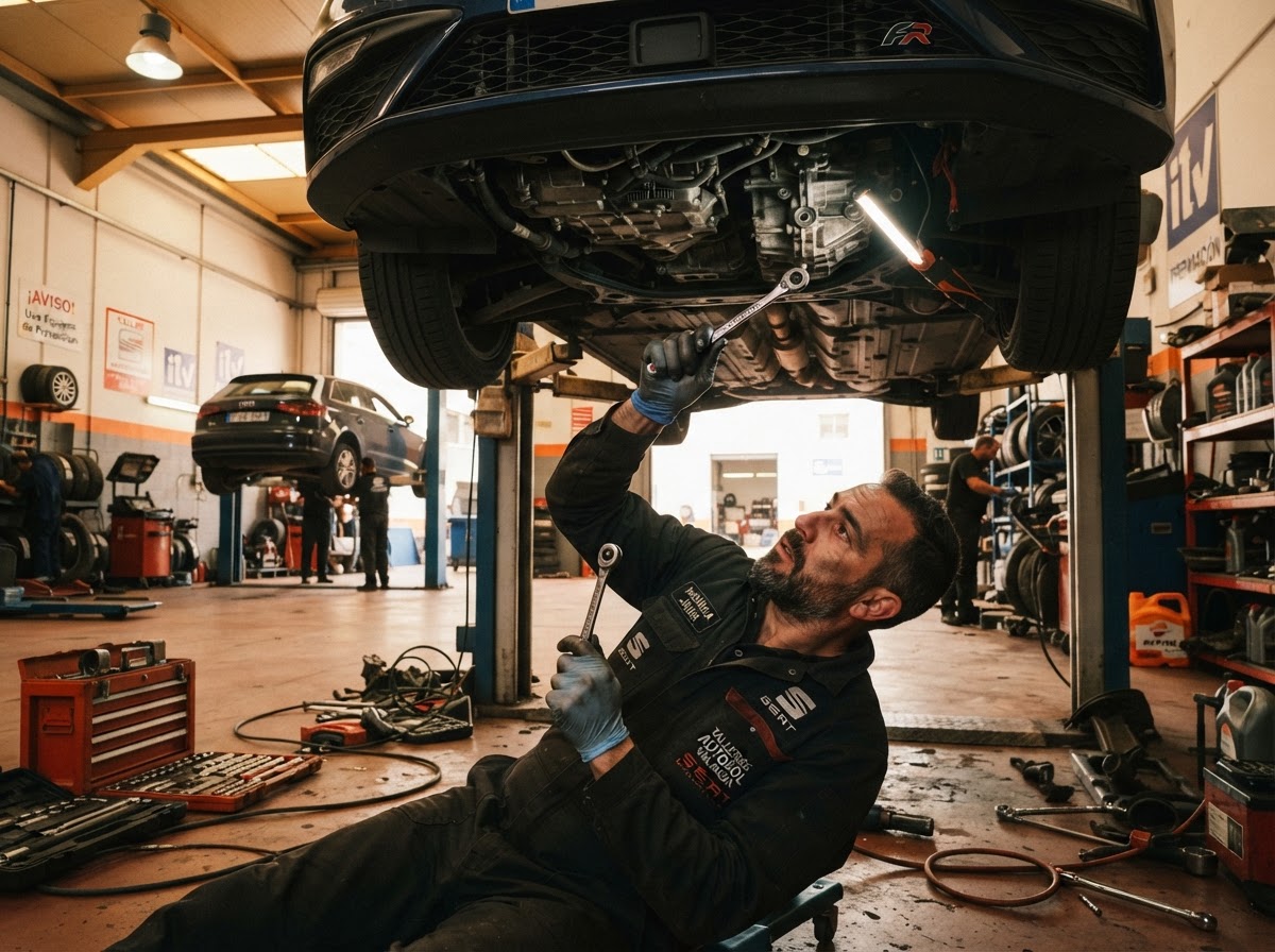 Mecánico trabajando debajo de un coche en un taller