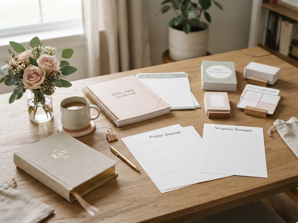 Printable Bible study journal pages with highlighters and a coffee cup