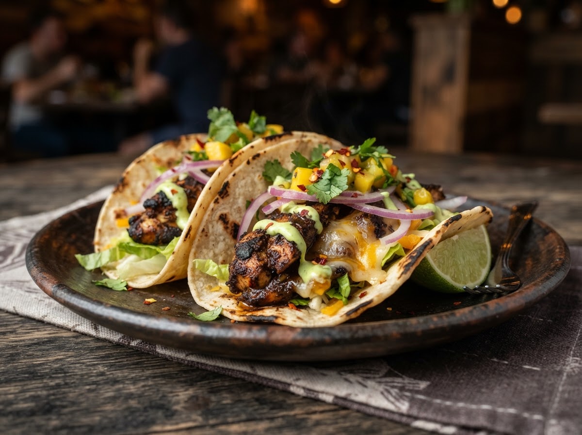 Jerk chicken tacos with lettuce, cheese, jerk sauce and lime crema