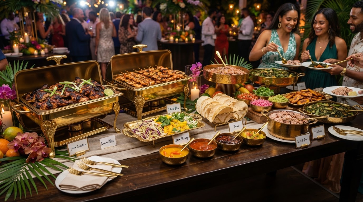 Catered island and soul food buffet with jerk chicken, shrimp and sides