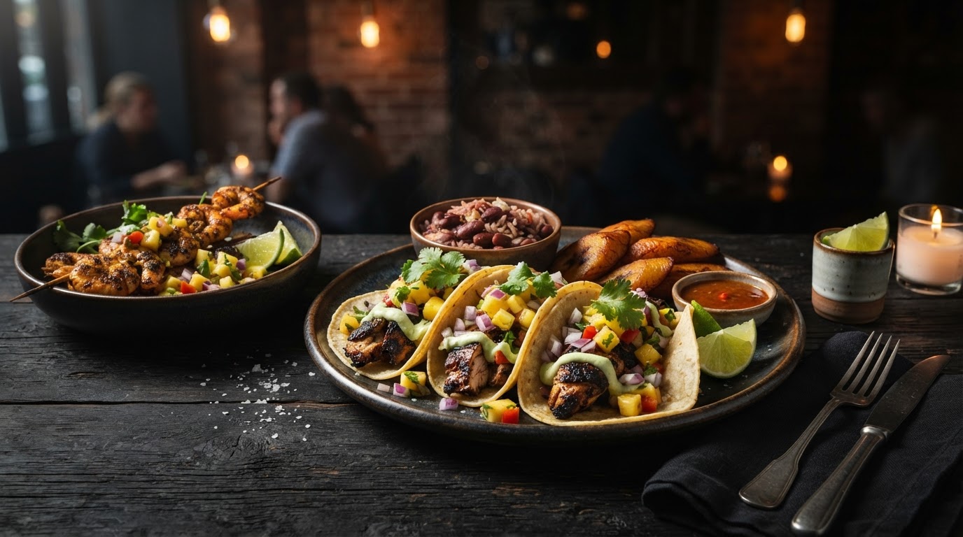 Plated island and soul food spread of jerk chicken tacos, grilled shrimp and pineapple salsa