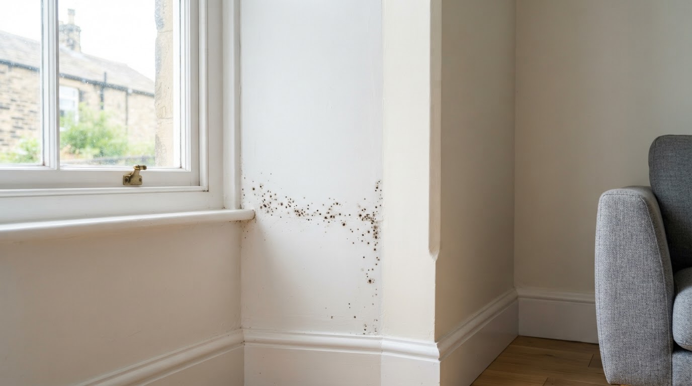 Early stage mould spots appearing on a white wall near a window