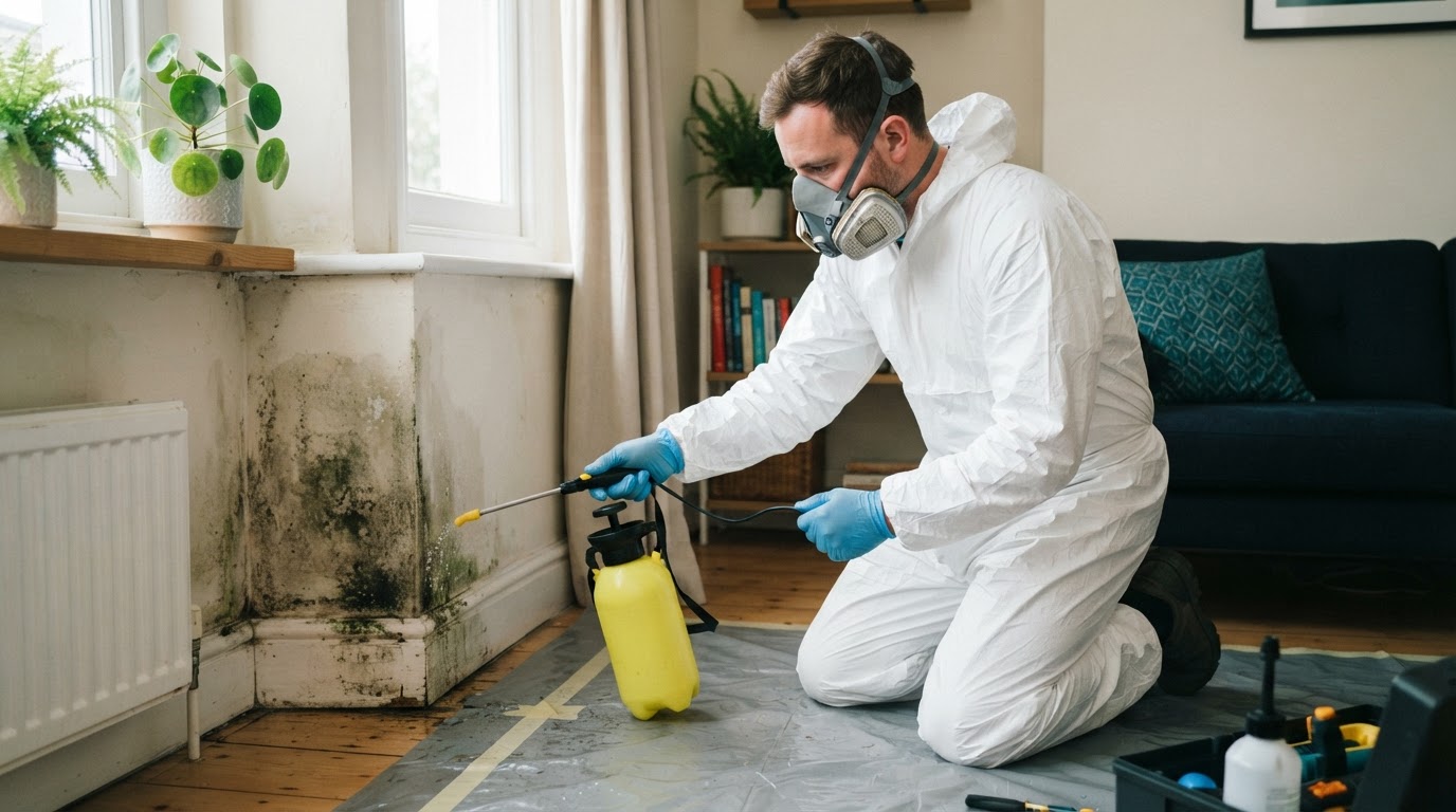 Mould remediation specialist treating a mould-affected wall
