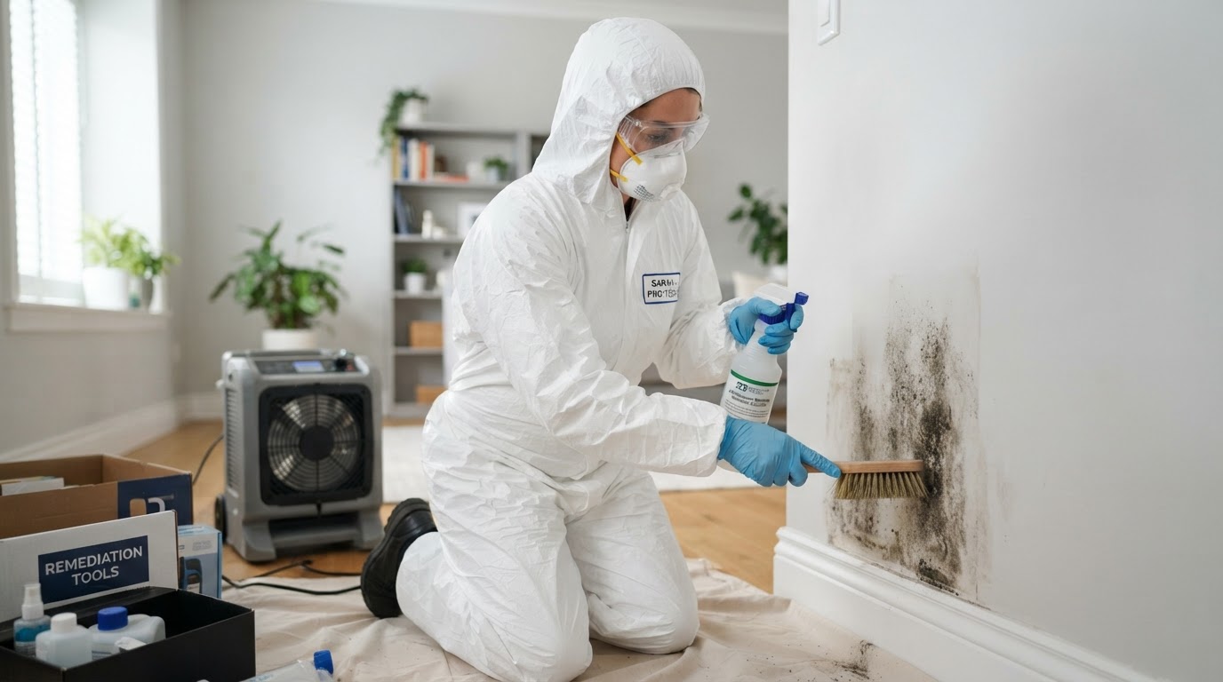 Professional mould remediation specialist treating a wall in protective equipment