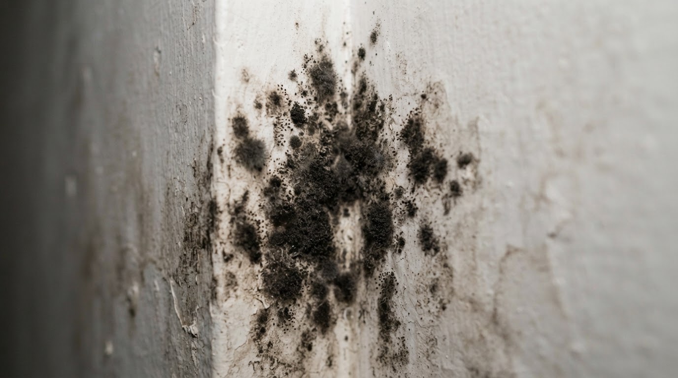 Close-up of black mould growth on a damp interior wall corner