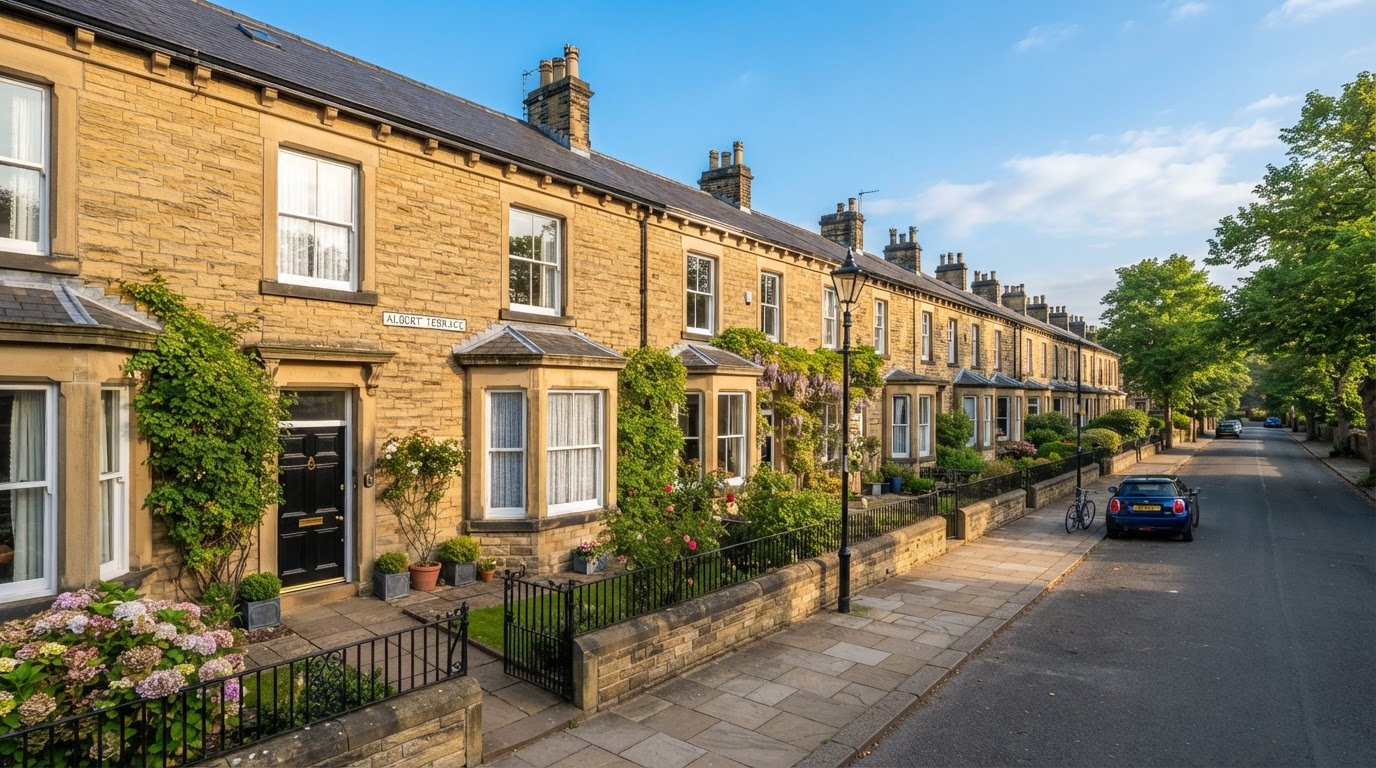Traditional Yorkshire stone terraced houses on a bright morning