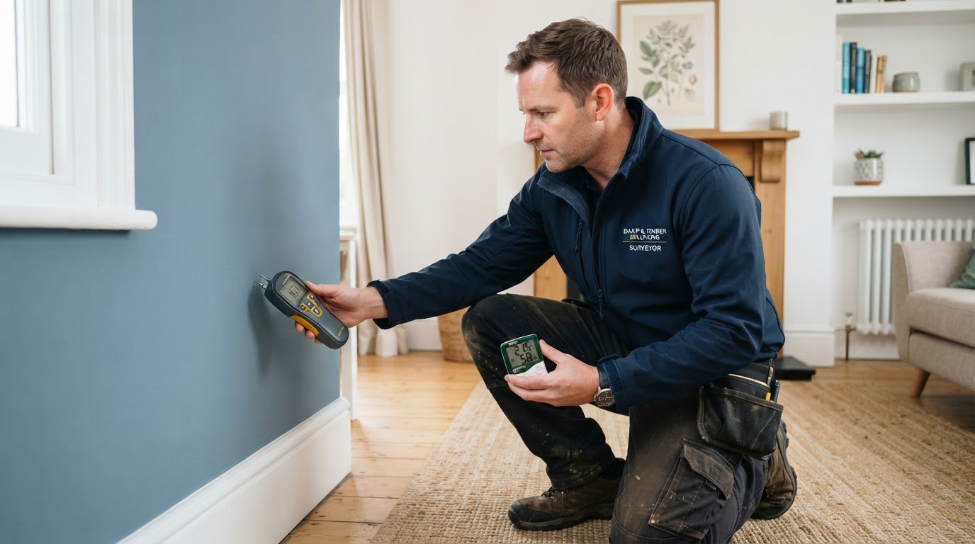 Surveyor inspecting a damp wall with a moisture meter