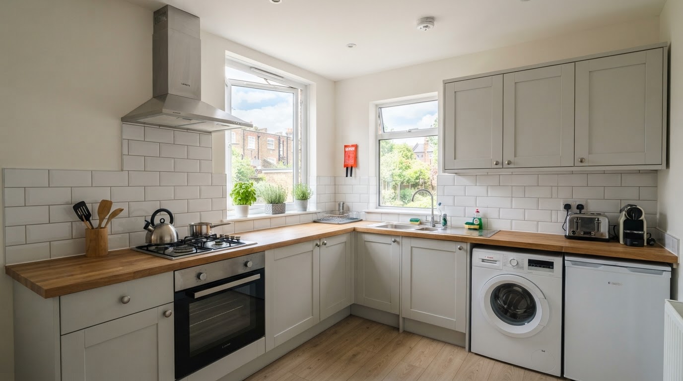 Well-ventilated modern rental flat kitchen with extractor fan
