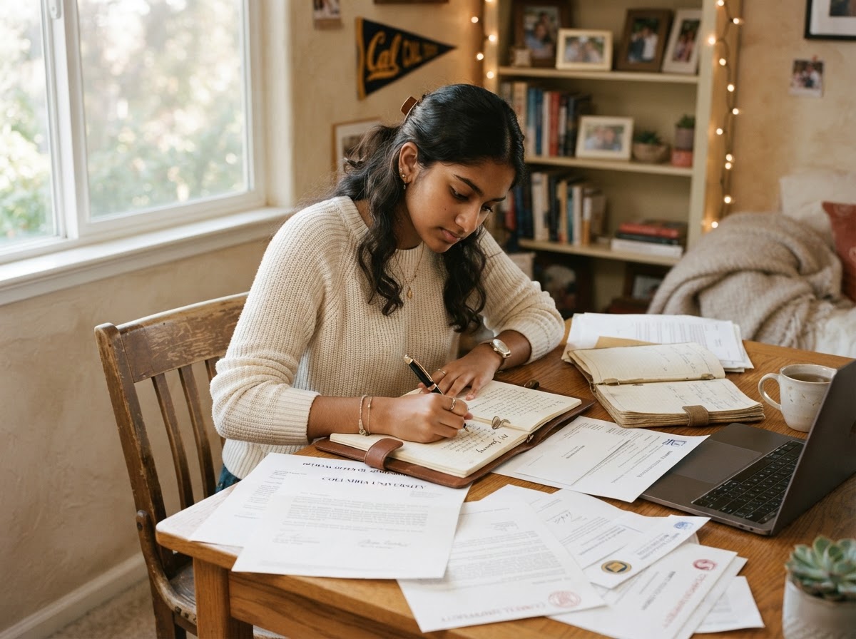 A high school student working on a scholarship essay with college materials