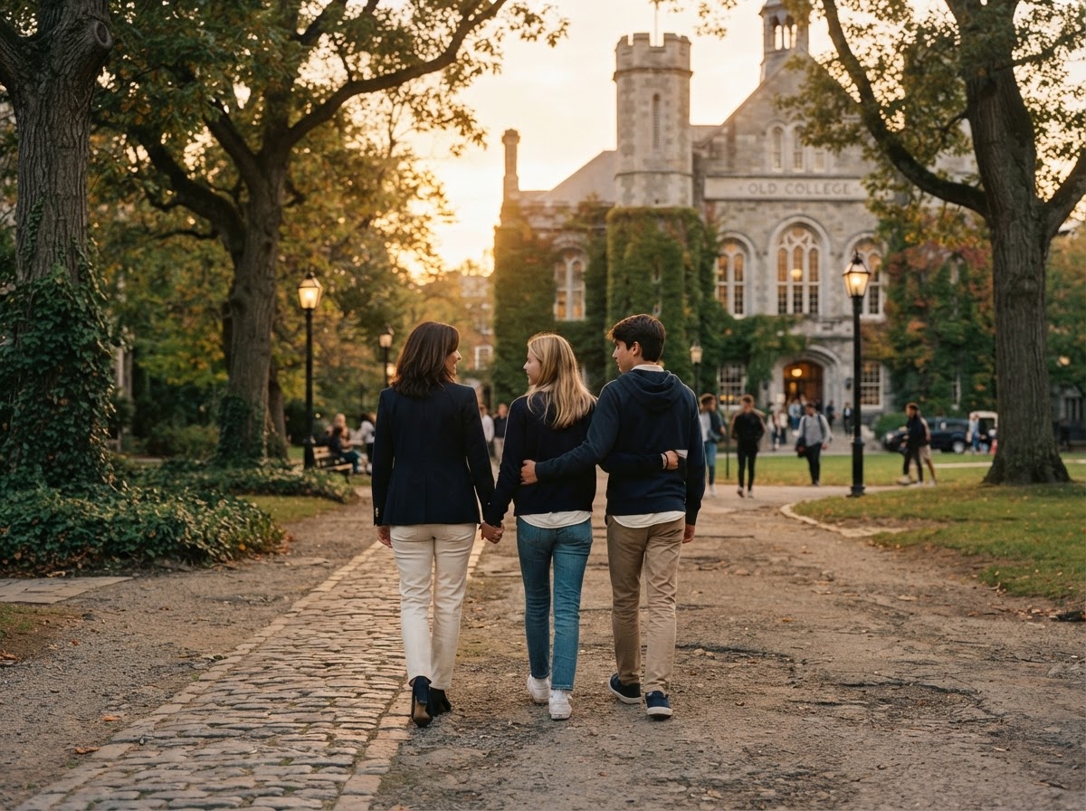 A family walking together on a college campus path