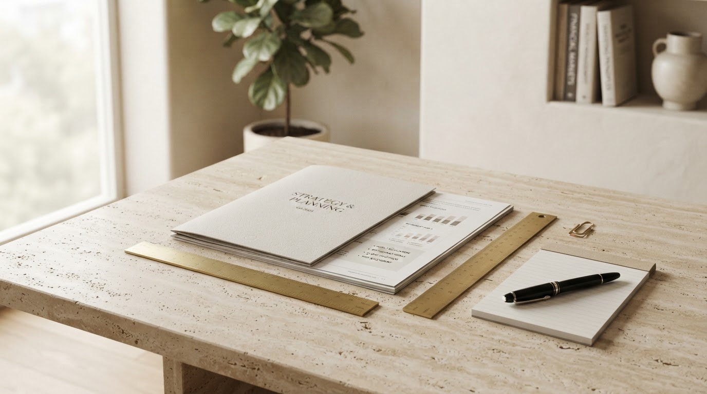 Premium travertine desk with minimal financial planning documents, brass ruler