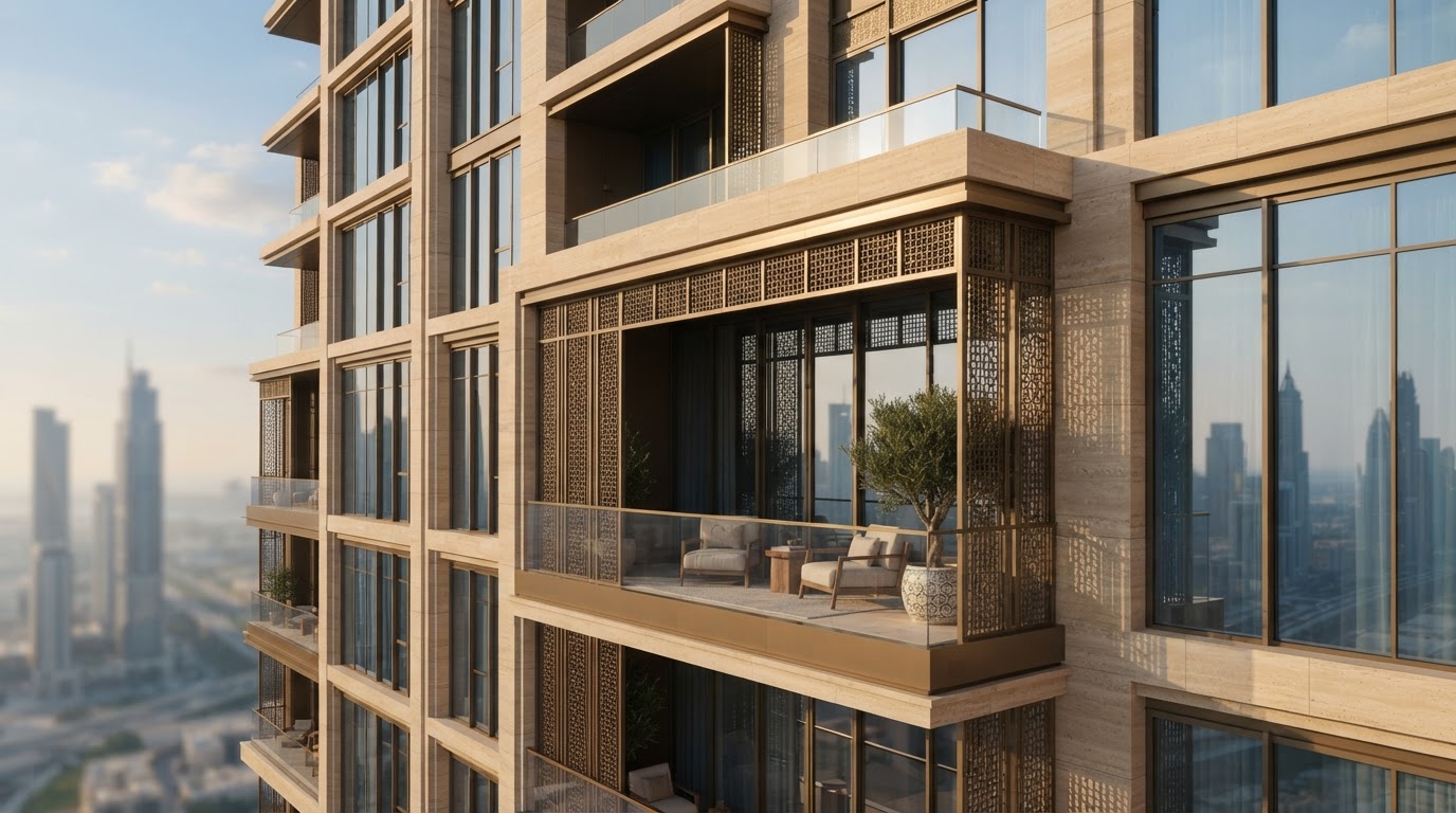 Elegant Dubai residential building facade with deep balcony, warm stone and glass